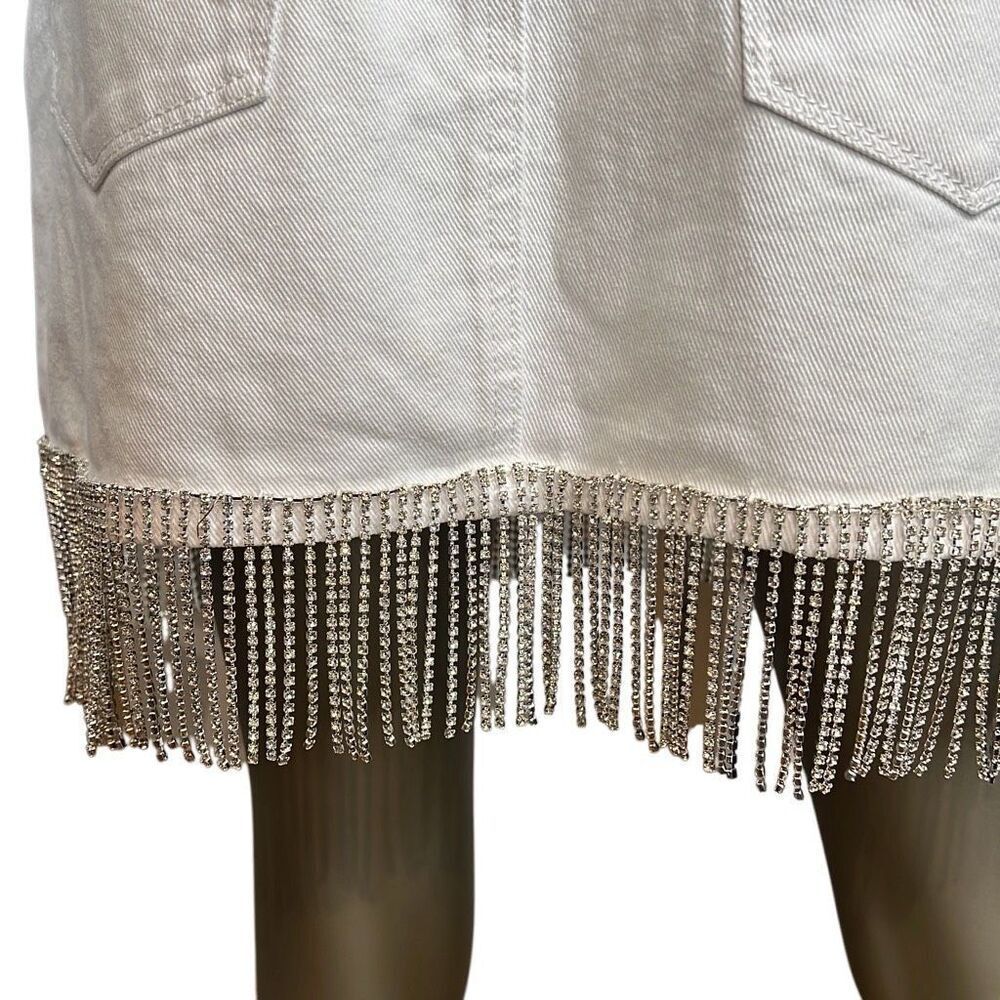 NWT BLANKNYC White Denim Fringe Skirt Rhinestone Trim Size 26 - Picture 9 of 16